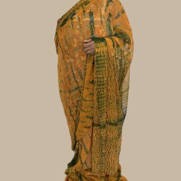 Mustard Yellow Shibori Tie Dye Saree Orange Green Chiffon Indian Sari - Picture 1 of 15